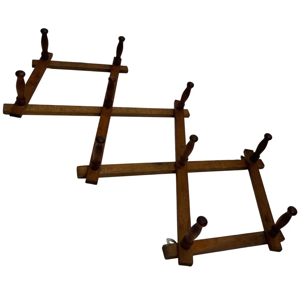 Vintage Accordion Peg Rack Wood Wall Hanging 10 Peg Expandable Hat Coat Towel